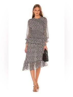 MISA Los Angeles Sophia Smocked Midi Dress Snake Print Boho Ruffle Long Sleeve M